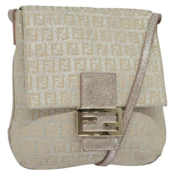 FENDI Zucchino Canvas Shoulder Bag Silver Gold - Picture 1 of 13
